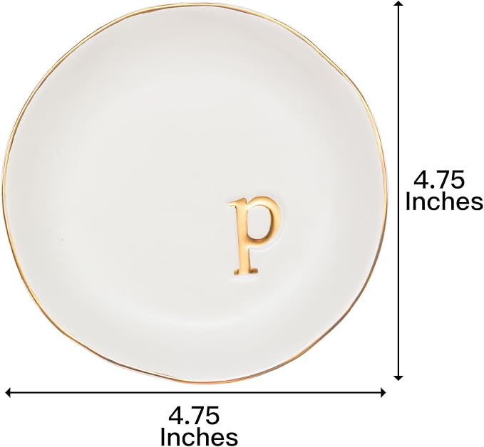 COLLECTIVE HOME Ceramic Jewelry Tray, Trinket Dish, Gifts for Women (P) | Mother's Day, Birthday, Christmas, Engagement Gifts, Vanity, Nightstand Decor, Embossed Gold Monogram Ring Dish with Gift Box