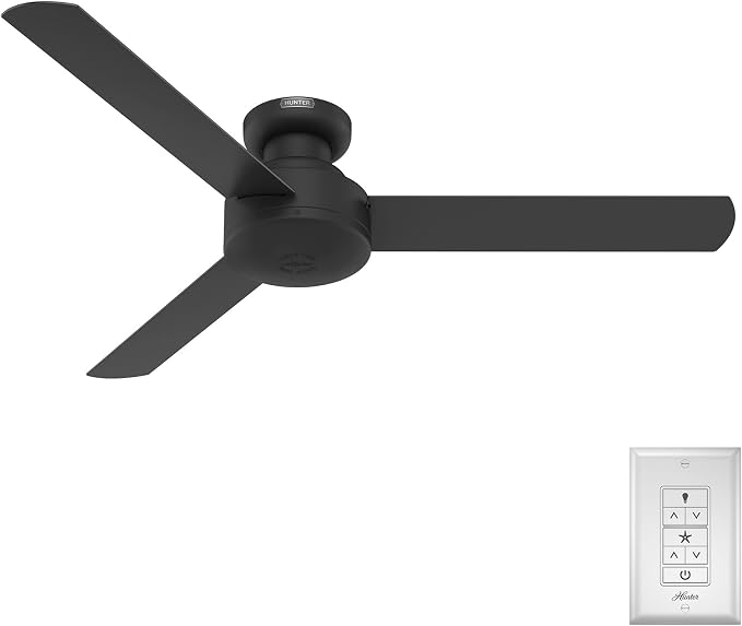 Hunter Presto, Indoor, Ceiling Fan, Wall Control, 52 inch, Matte Black | Flush-mount housing fits rooms under 9 ft; SureSpeed high velocity airflow and no-light design suit bedrooms or offices.