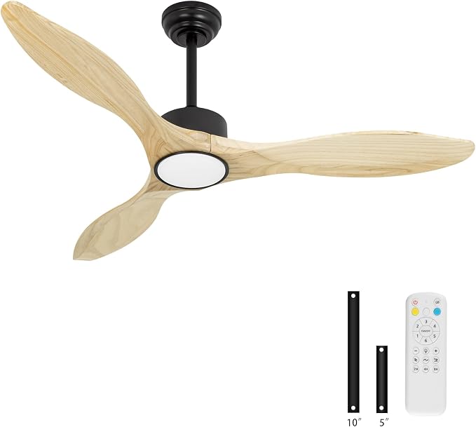 52 inch Ceiling Fans with Lights and Remote, 3 Natural Wood Blades, Modern Indoor/Outdoor Ceiling Fan for Living Room Bedroom Farmhouse Patio, 6 Speeds, Dimmable, Noiseless Reversible DC Motor