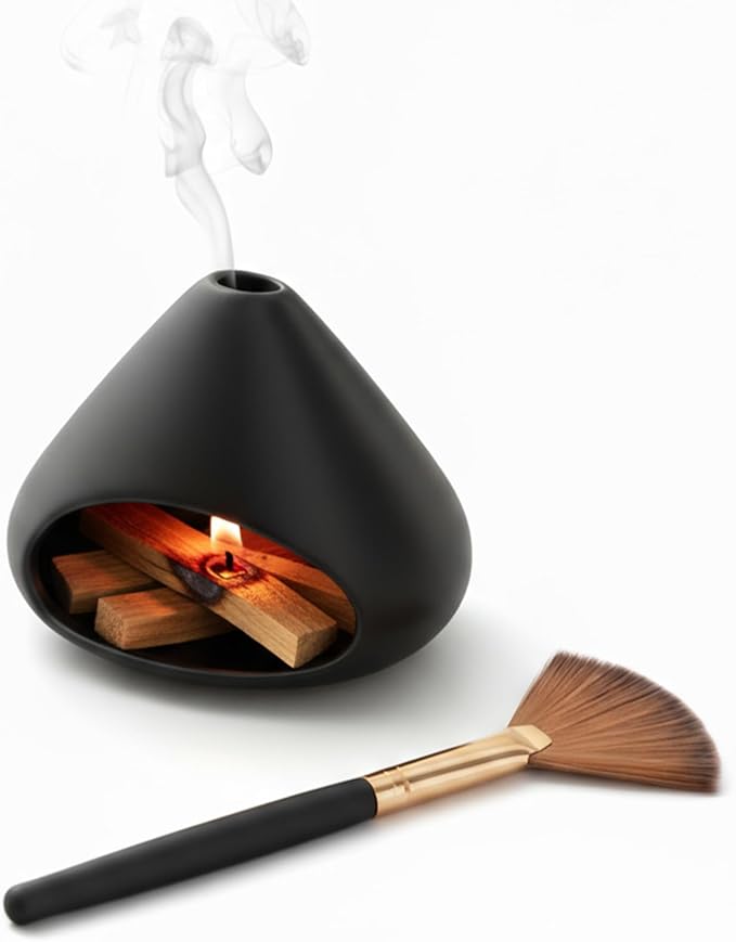 Palo Santo Holder Incense Burner, Sage Sticks Holder, Zongzi Clay Smudge Bowl with Chimney, Mini Cone Ceramic Fireplace for Cedar, Yoga, Sleep, Home Decor, Anxiety Relief Meditation for Women (Black)