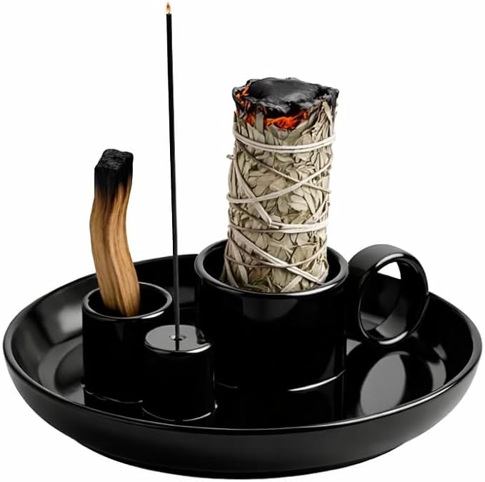 Palo Santo Holder, Sage Holder for Burning, Palo Santo Holder and Incense Burning, Sage Holder for Burning Bowl with Sage Tray, Ash Catcher for Smudging & Meditation, Black