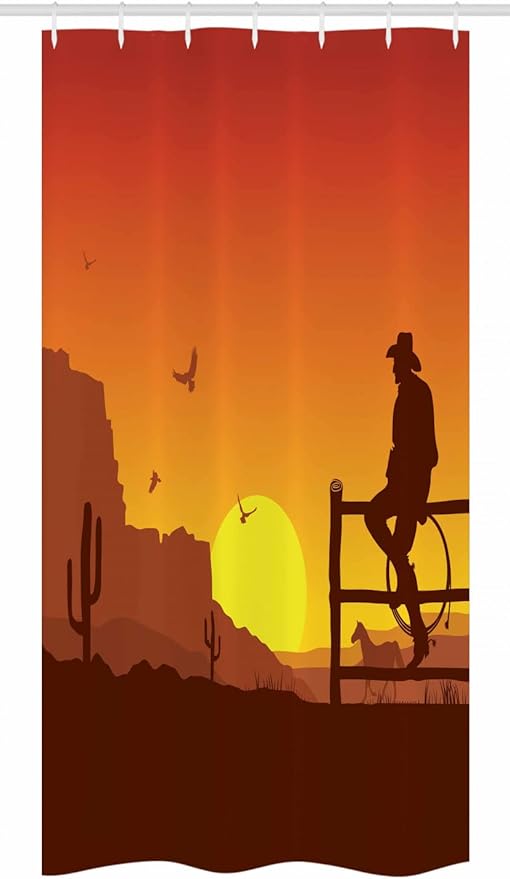 Ambesonne Western Stall Shower Curtain, Silhouette of Cowboy in Wild West Sunset Scene American Culture Image Print, Fabric Bathroom Decor Set with Hooks, 36" W x 72" L, Burnt Orange