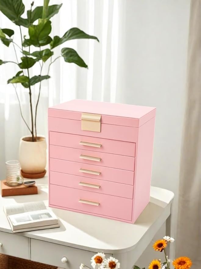 BOOVO Jewelry Boxes for Women, White and Black 6 Layer Large Jewelry Box for Necklace, Bracelet, Earrings, Rings Storage, Jewelry holder Organizer for Girls Gift (Pink, 6 layer)