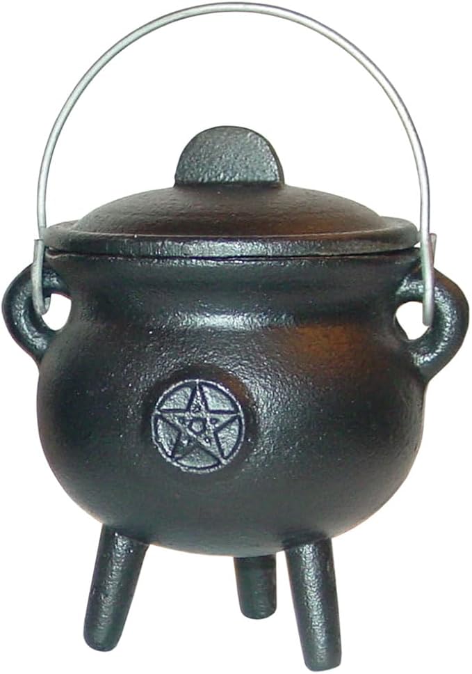3 Inch Pentagram Pentacle Cast Iron Cauldron with Lid and Handle - Perfect Incense Smudge Kit Sage Holder Altar Ritual Burning Holder