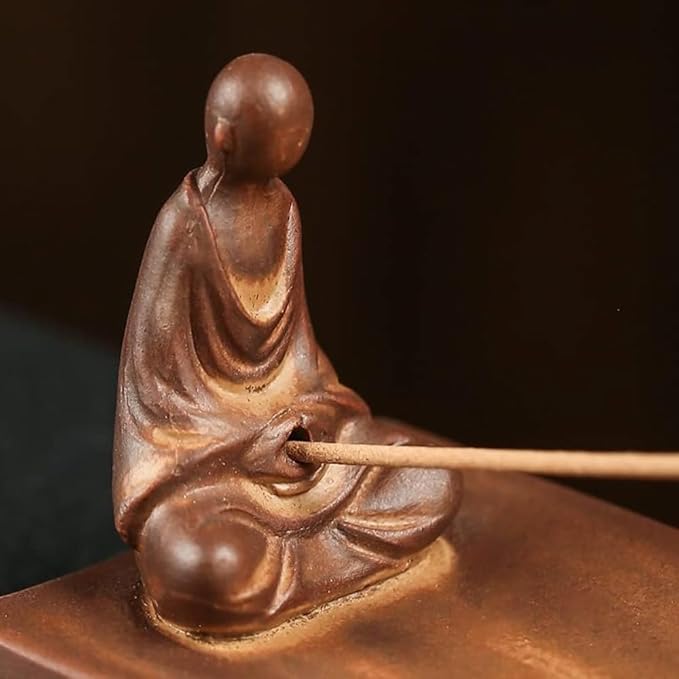 Handmade Ceramic Monk Incense Holder – Meditating Buddha Figurine Incense Stick Burner with Lotus Ash Catcher Tray, Zen Home Decor for Meditation Yoga Altar Spiritual Gift