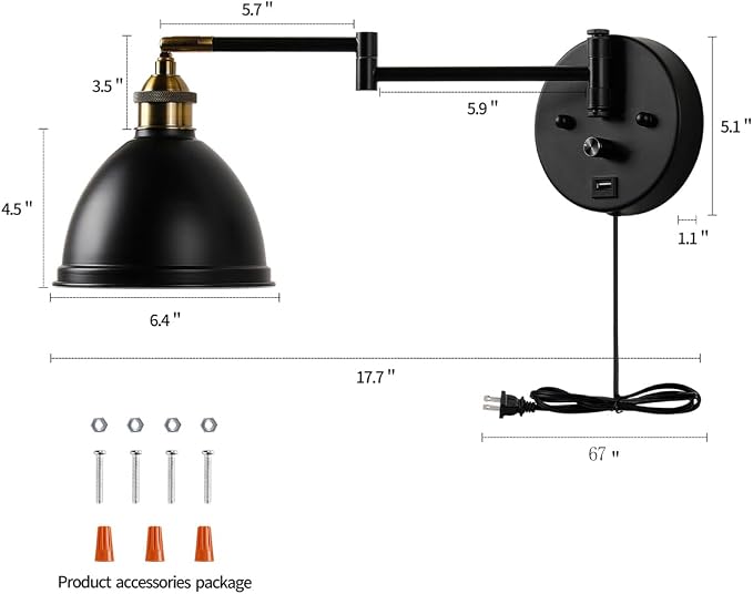 Swing Arm Wall Sconces, Plug-in Wall lamp,Bedroom Wall lamp ， White Fabric Shade，，with dimmable Switch and USB Charging Port, Suitable for Bedside, Living Room, Reading (Metallic Black)