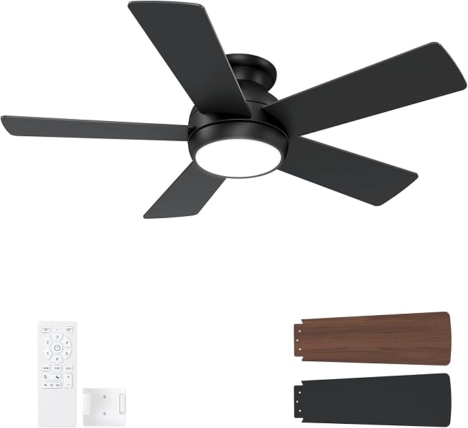 POCHFAN 42 Inch Black Ceiling Fans with Lights and Remote, LED Low Profile Flush Mount Ceiling Fan for Bedroom, Living Room, Patio, Quiet DC Motor, 5 Blades