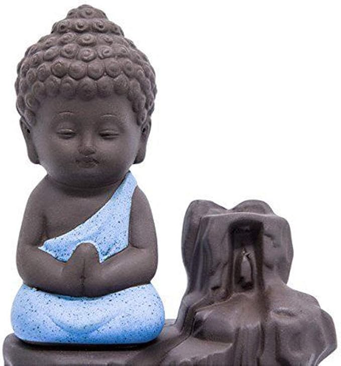 Incense Burner Smoke Waterfall Backflow Holder Ceramics Porcelain Buddha Little Monk Tower Cones Sticks Ash Catcher(Blue)