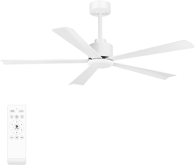 52 Inch 5 Blade Ceiling Fans without Light and Remote Control, Quiet Reversible DC Motor, 6-Speed, Modern Industrial Ceiling Fan for Home Kitchen Bedroom (White)