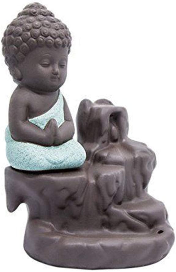 Incense Burner Smoke Waterfall Backflow Holder Ceramics Porcelain Buddha Little Monk Tower Cones Sticks Ash Catcher(Green)