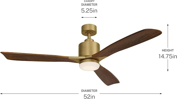 Kichler Ridley II 52" Ceiling Fan and Light Kit in Natural Brass, 3-Blade LED Ceiling Fan in Cherry Finish, 3000K, (52" W x 14.5" H), 300027NBR