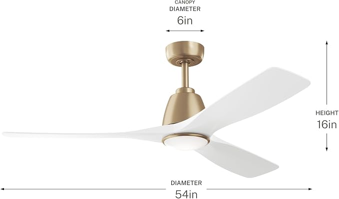 Kichler 54" Volos II 3 Blade Ceiling Fan in Champagne Bronze with Matte White Blades, Easy-to-Install AC Motor, Downrod, 300054-CPZ