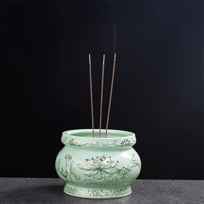 Houlu Small Green Ceramic Incense Burner Pot for Praying Buddha, Tibetan Buddhist Altar Worship Incense Censer - 4 Inches