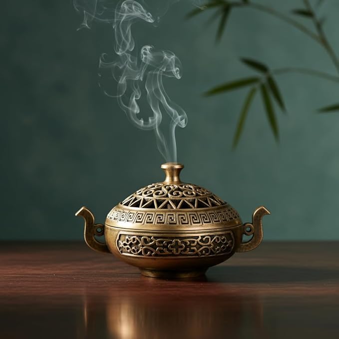 Nepalese-Style Bronze Incense Burner Stand with Geometric Patterns, All-Holiday Compatible Metal Holder for Meditation, Room Decor and Aromatherapy, Cultural Home Accessory