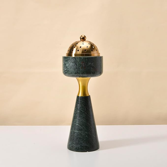 Sissi & yaya Marble Incense Burner with Brass Cover, 11 x 3.8 inches, Multi-Purpose Holder for Cones, Coils and Sticks (Green)