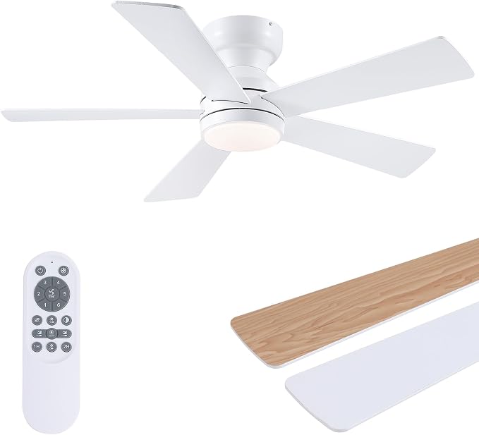 BYKISTOK 46" Flush Mount Ceiling Fan with Lights - White Modern Fan Light with Reversible Mute Motor, 3CCT Dimmable, Wind Speeds Adjustable, Low Profile Light Fixure for Indoor Use, Bedroom