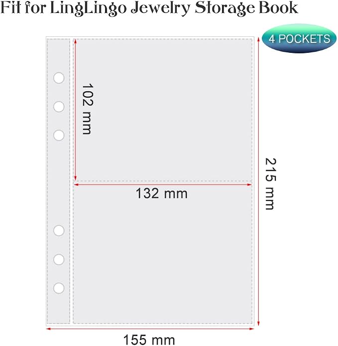 Clear Double-Sided Refill Inner Pages for Transparent Jewelry Storage Book 6 Ring Binder, 24 Sheets 96 Pockets