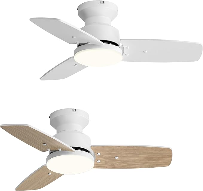 Conciseer 30 Inch Ceiling Fans with Lights and Remote, Bedroom Living Room Office, Flush Mount, 6CCT Dimmable, Dual Color 3 Blades, 6 Speed Reversible Quiet DC Motor, White/Wood Grain, 2 Pack