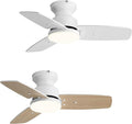 Conciseer 30 Inch Ceiling Fans with Lights and Remote, Bedroom Living Room Office, Flush Mount, 6CCT Dimmable, Dual Color 3 Blades, 6 Speed Reversible Quiet DC Motor, White/Wood Grain, 2 Pack