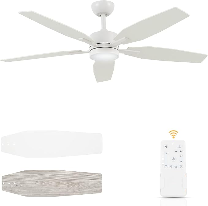52" Ceiling Fan for Living Room - 5 Blades Modern Ceiling Fan with Light for Bedroom - Quiet DC Motor - 3CCT - 6 Speeds - Dimmable - Reversible Function - White