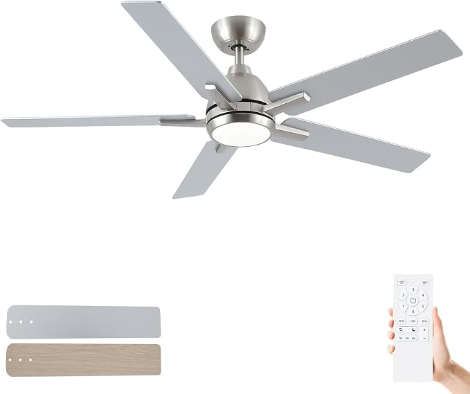 52 Inch Downrod Brushed Nickel Ceiling Fan with Light & Remote, ETL Listed | 6 Speed, Quiet DC Motor, 3-Level Timer Function, 3 Color Temperature, Forward/Reserve For all Seasons, Indoor/Covered Outdoor