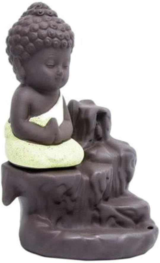 Incense Burner Smoke Waterfall Backflow Holder Ceramics Porcelain Buddha Little Monk Tower Cones Sticks Ash Catcher(Yellow)