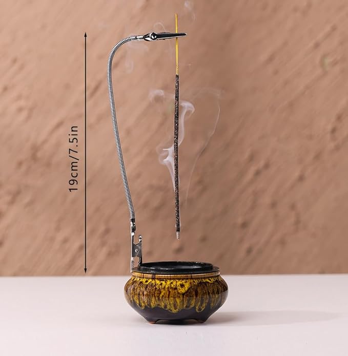 Incense Burner with Calabash Incense Stick Holder - Porcelain Charcoal Censer for Use with Resin Granular Powder Cone or Coil Incense (Fambe Yellow)