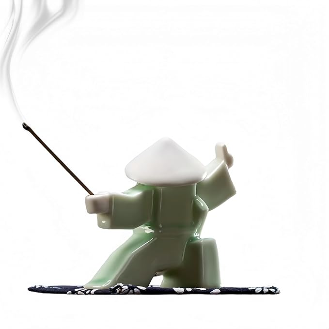Ceramic Samurai Incense Holder & Tea Pet - Hand-Painted Japanese Warrior Statue, Terracotta Zen Decor for Home/Office (3.5", White/Green) (Green B)