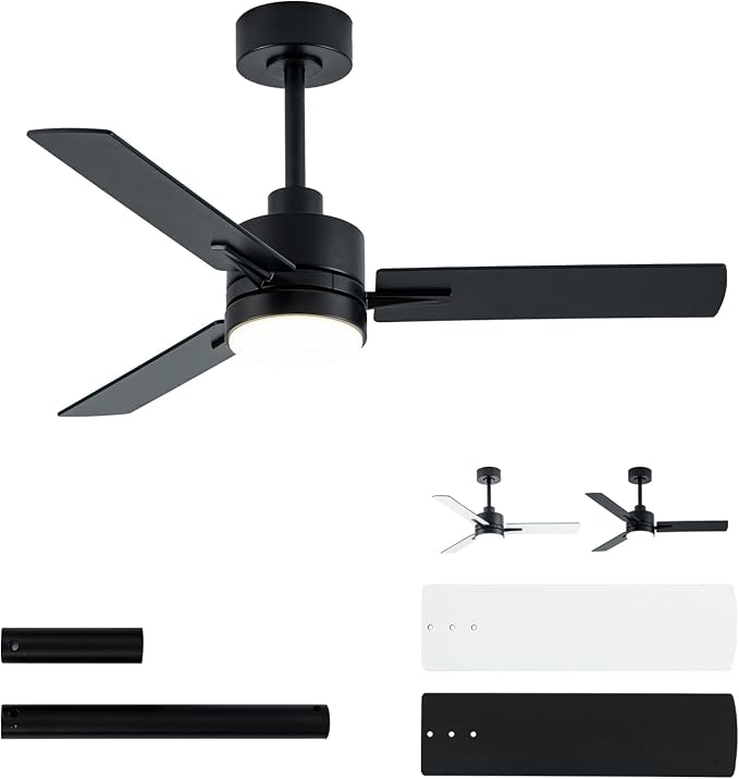 LANMEL 42 Inch Metal Ceiling Fan with Light, Modern Flush Mount Low Profile with Remote Control, Reversible, 3cct Dimmable, Quiet, Black LED for Bedroom, Living Room, Indoor/Outdoor Patio Use