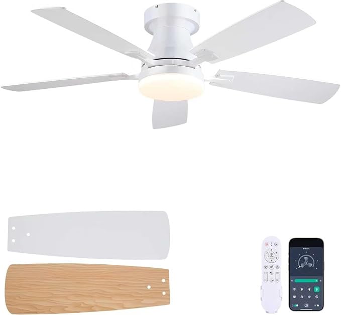 Ceiling Fans with Lights, 48 Inch Ceiling Fan with Light And Remote/APP,Low Profile Ceiling Fan with Light,DC Reversible,6 Speed Noiseless LED Ceiling Fan,White Small Ceiling Fan for Bedroom