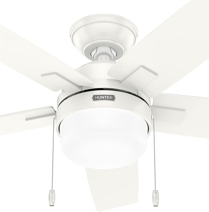 Hunter 44 inch Indoor Ceiling Fan with LED Light - White Ceiling Fan with Pull Chain, for Bedroom or Living Room, Standard Mount, No Remote, 5 Blades, Includes Bulbs - Anisten 52488, Fresh White | Standard Mount, Pull Chain, 5 Blades, For Bedroom, Livi...