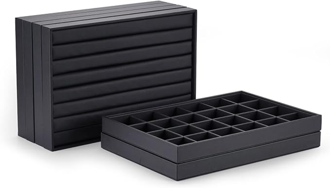 Oirlv Black Leather Jewelry Tray 24-Grid | 13.78"X9.45"X1.18" Tray with 24 Grid Inserts, Soft Velvet Lining, Perfect for Pendants and Earrings, Stackable Design