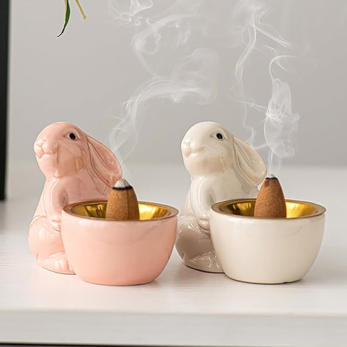Ceramic Rabbit Incense Burner Rabbit Figurines Statue Ornament Easter Incense Sticks Holder Waterfall Arab Incense Holder for Home Decor (White)