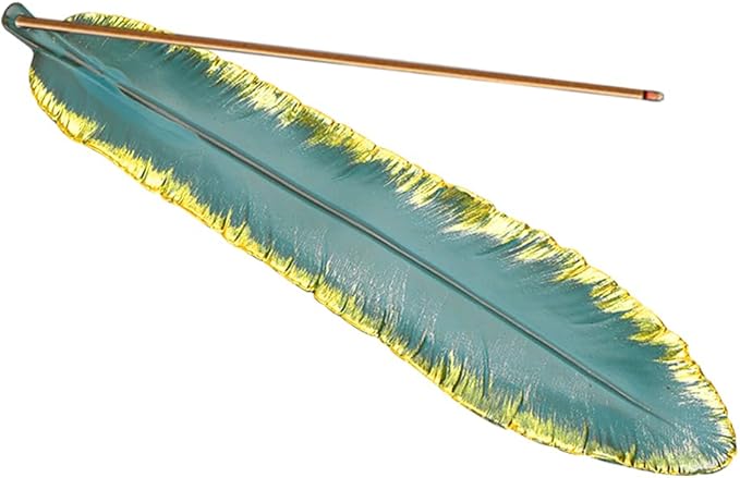 Incense Stick Holder Burner Ceramic Green Feather, Incense Burner Ash Catcher 9 Inch Handmade Incense Tray Meditation, Yoga, Home/Office Decor, Spa Relaxation (Green)