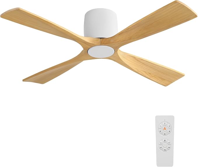 WINGBO 48 Inch Ceiling Fan Without Light, Solid Wood Flush Mount Ceiling Fan with Remote Control, Reversible DC Motor, 4 Blades, 6-Speed Quiet Performance, for Bedroom & Living Room, White+Light Wood