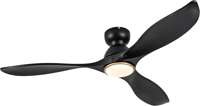 52 Inch Flush Mount Ceiling Fans with Lights and Remote,Black and Gold Low Profile Ceiling Fan with Light,Dimmable,Quiet Noiseless DC Motor for Patios,Living Room,Bedroom(Wall Control Switch)