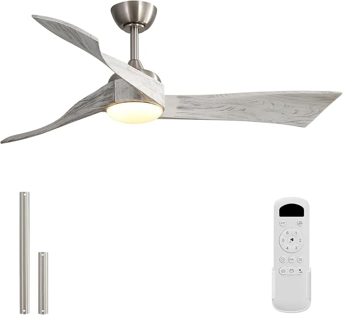 Sofucor 52 Inch Ceiling Fans with Lights and Remote, Modern Outdoor Indoor Ceiling Fan 3 Solid Wood Blades, Dimmable 3-Color LED with Memory, Timer & Quiet & Reversible DC Motor, Brushed Nickel&Gray
