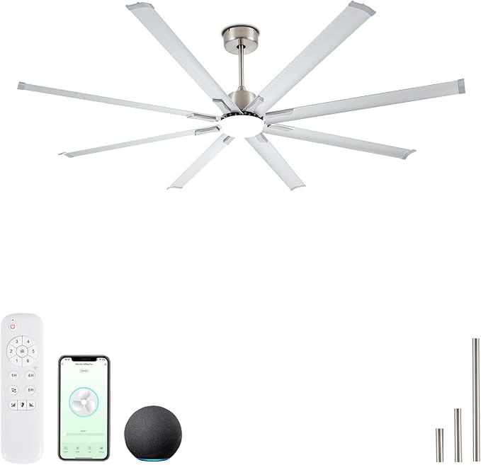 84 Inch Industrial Ceiling Fans with Light,Large Ceiling Fan with Modern 8 Aluminum Blades,Compatible with Alexa,Noiseless DC Motor,Black Outdoor Fan for Garage or Pool area