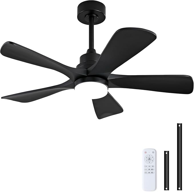 42 Inch Solid Wood Ceiling Fans with Lights, Black Ceiling Fan with Light for Bedroom, Noiseless DC Motor, Dimmable Led 5 Blades Ceiling Fan with Light