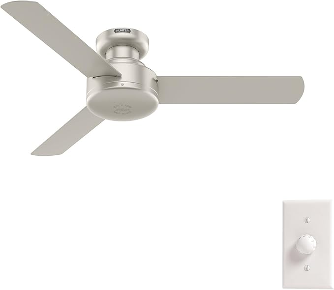 Hunter Presto, Indoor, Ceiling Fan, No Light, Modern, 44 inch, Matte Nickel | Low Profile Mount, Wall Control, 3 Blades, For Bedroom, Living Room, Kitchen, 52403