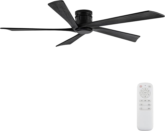 EKIZNSN 64 Inch Outdoor Low Profile Flush Mount Ceiling Fans without Lights for Patios, 110V Noiseless Reversible DC Motor, 6-Gear Speed (Black Finish with Black Blades)