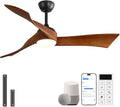 Sofucor 52 Inch Smart Ceiling Fans with Light-Modern Solid Wood Outdoor 3 Blades Ceiling Fan with Light Alexa/Google/APP/Remote Control for Bedroom Living Room Farmhouse, Quiet DC Motor, Walnut Black