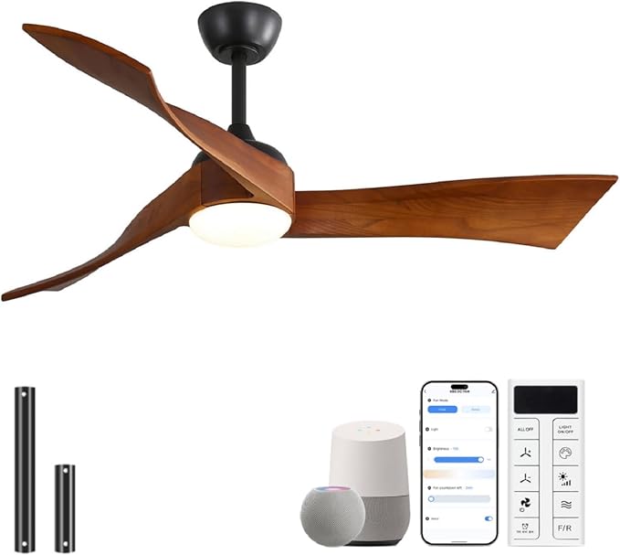 Sofucor 52 Inch Smart Ceiling Fans with Light-Modern Solid Wood Outdoor 3 Blades Ceiling Fan with Light Alexa/Google/APP/Remote Control for Bedroom Living Room Farmhouse, Quiet DC Motor, Walnut Black