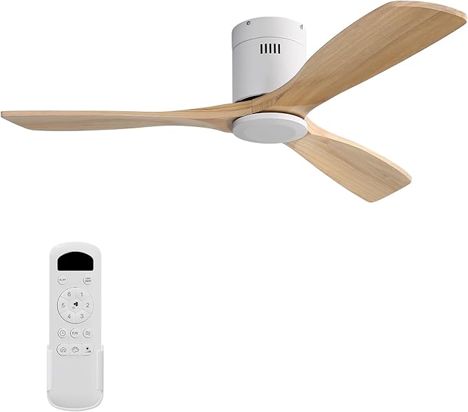 Sofucor 52 Inch Low Profile Ceiling Fans No Light, Modern Flush Mount Solid Wood Ceiling Fan with Airflow 5000CFM, Quiet DC Motor, 6 Speeds, Timer & Reversible for Bedroom Living Room,ETL,Natural Wood