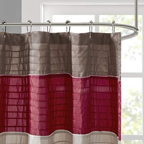 Madison Park Amherst Bathroom Shower Curtain Faux Silk Pieced Striped Modern Microfiber Bath Curtains, 72x72 Inches, Red