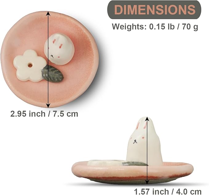 Charming Animal Series Ceramic Incense Holder, Japanese Pottery, Perfect for Relaxation and Concentration, Made in Japan (Florets and Rabbit)