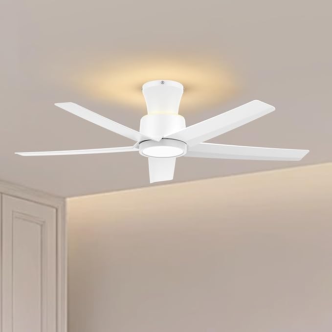 ocioc 44 Inch Ceiling Fans with Lights, Large Air Volume Ceiling Fan with Nightlight, Ultra Quiet Reversible DC Motor with Remote（White）