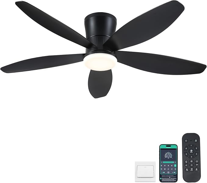 Surtime 48" Ceiling Fans with Lights-Low Profile Ceiling Fan with Light and Remote/APP Control, Black Flush Mount Ceiling Fans,DC Reversible,LED Dimmable