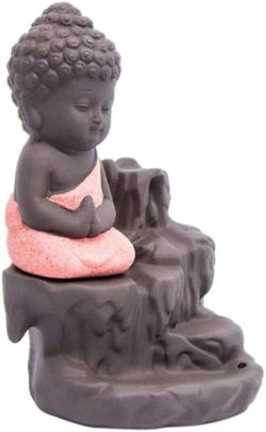 Incense Burner Smoke Waterfall Backflow Holder Ceramics Porcelain Buddha Little Monk Tower Cones Sticks Ash Catcher(Red)