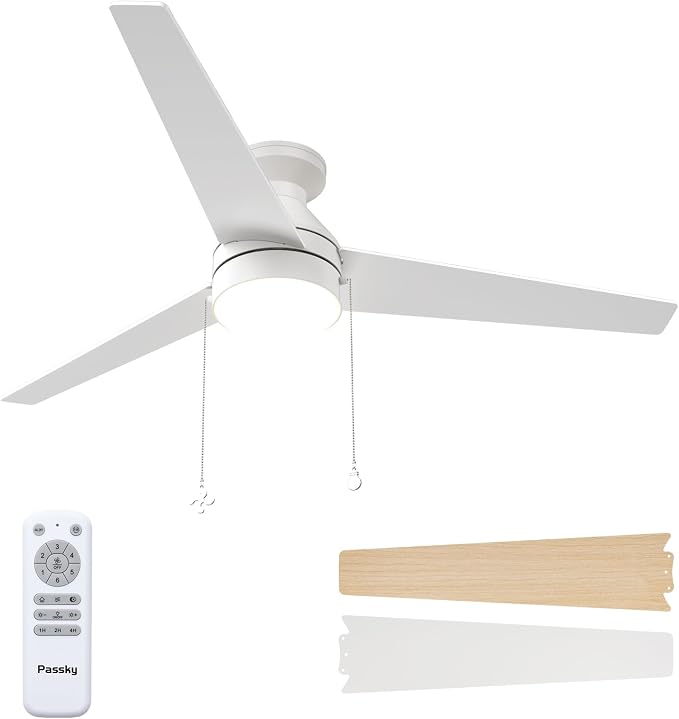 Passky Ceiling Fans with Lights, 52 inch Low Profile Ceiling Fan with Pull Chain and Remote Control, Flush Mount, Reversible, 5CCT, Dimmable, Noiseless, White Pull Cord Ceiling Fan for Bedroom